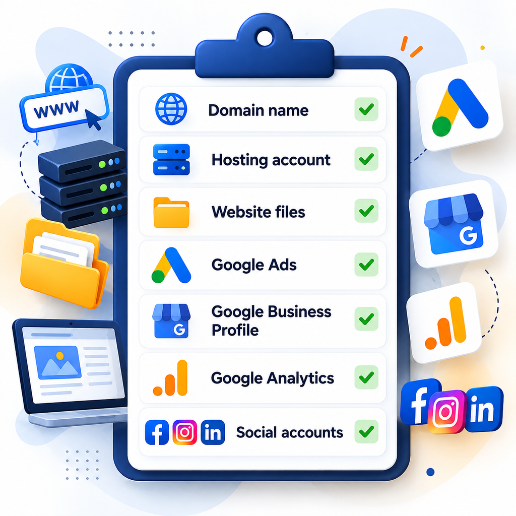 Seven digital assets to check for ownership: domain, hosting, website files, Google Ads, Business Profile, Analytics and social accounts