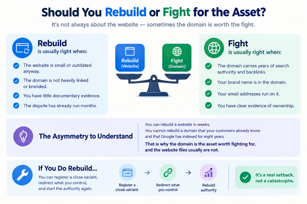 Decision guide showing when to pursue recovery of a domain and when rebuilding is the better option