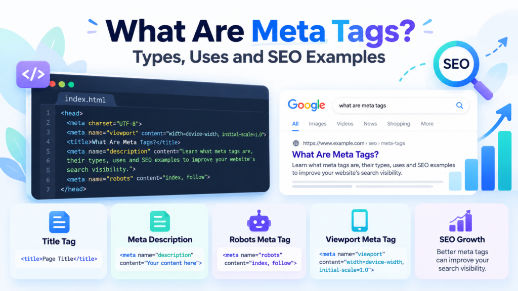 What Are Meta Tags? Types, Uses and SEO Examples showing HTML meta tags, meta descriptions, robots tags, viewport tags and Google search results.