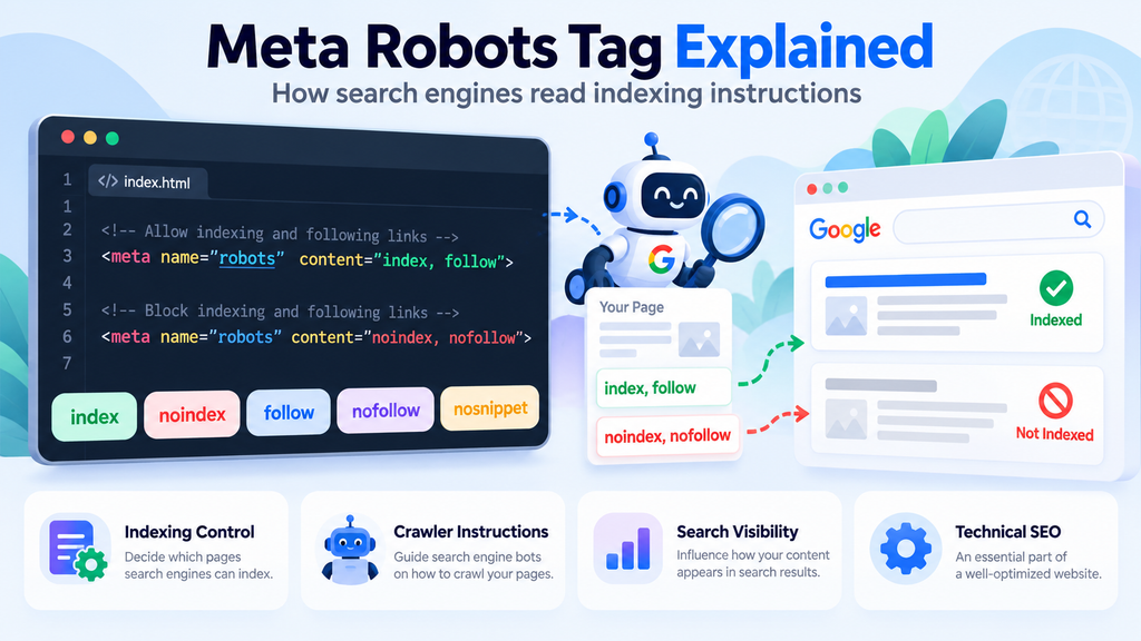 Meta Robots Tag Explained with HTML examples of index, noindex, follow and nofollow directives, showing how search engines control webpage indexing and SEO visibility.